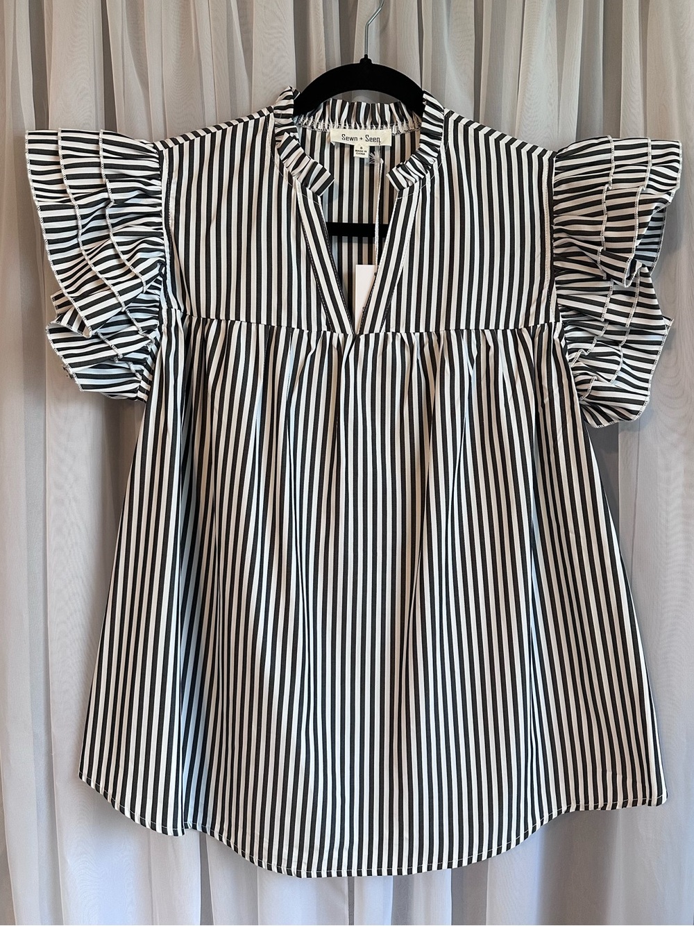 Sewn + Seen Charcoal White Striped Ruffle Sleeve Blouse